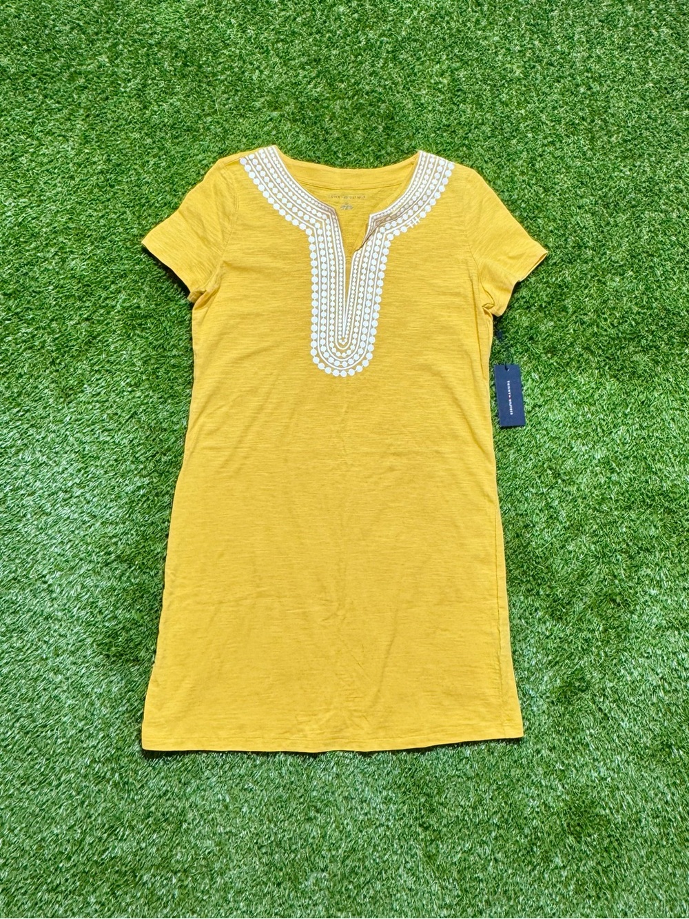 NWT Tommy Hilfiger Split Neck Knit Dress Women’s Small Yellow White 100% Cotton